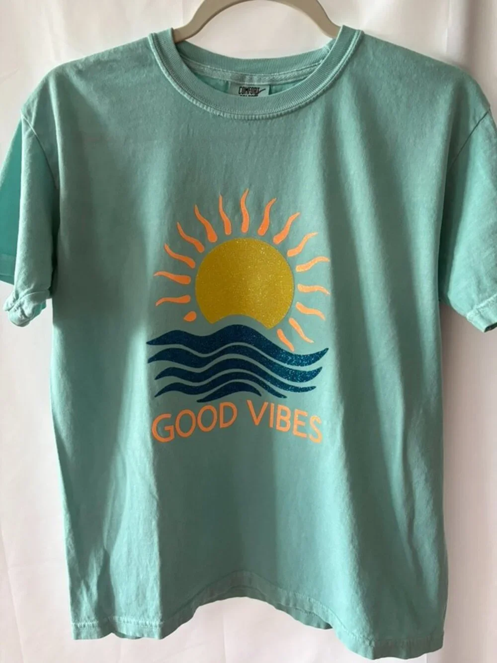 Glitter Good Vibes T-Shirt, Sun Over Ocean, Youth XL (fits like a Woman's Small)